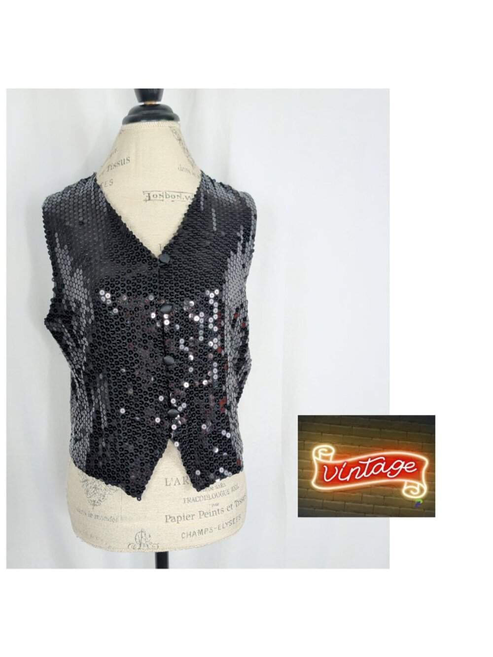 Vintage Lord Taylor Black Sequin Top Large Vest Button